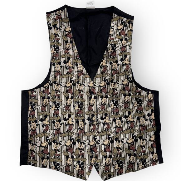 Vintage Disney Mickey Mouse Unlimited Tapestry Vest Button Front Black Brown - Picture 1 of 5